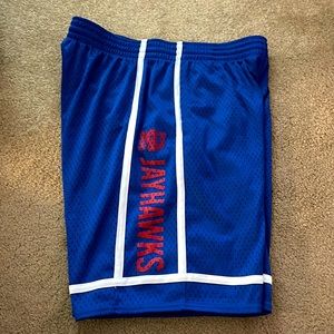 Adidas Men’s Blue Kansas University Jayhawks basketball shorts.